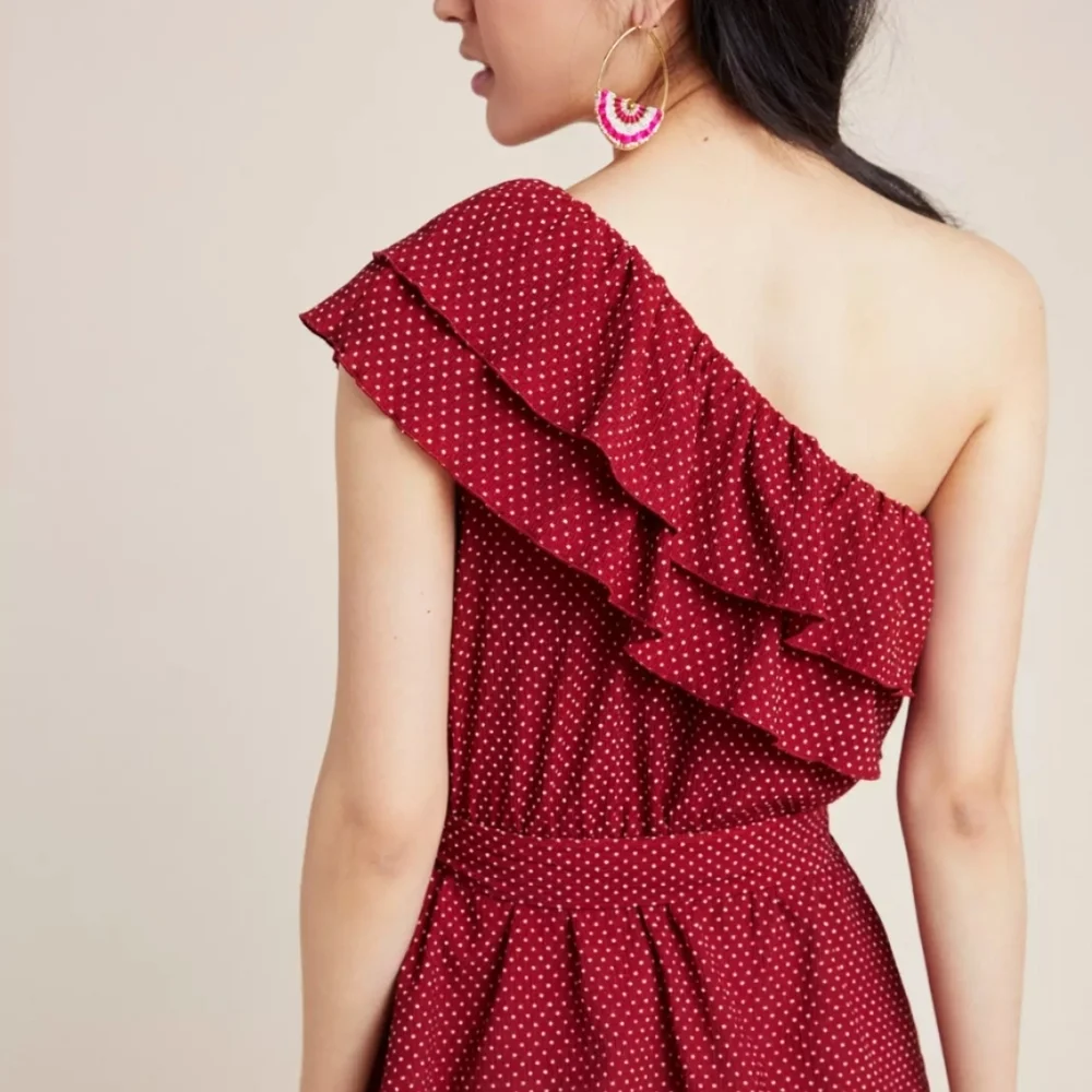 Anthropologie Maeve Rita One Shoulder Ruffle Top Red Polka Dot Tie Waist Small - Picture 4 of 14